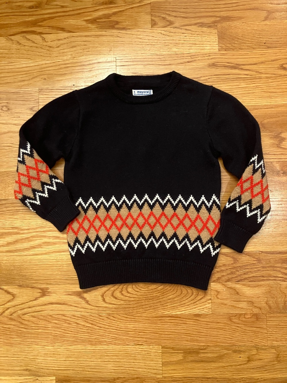 Mayoral Navy Sweater with Red and Tan Argyle Accents